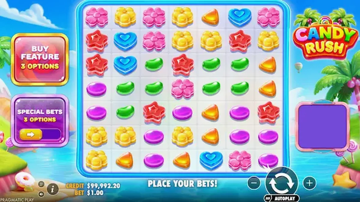 Candy Rush slot machine interface na may makukulay na kendi at multiplier symbols